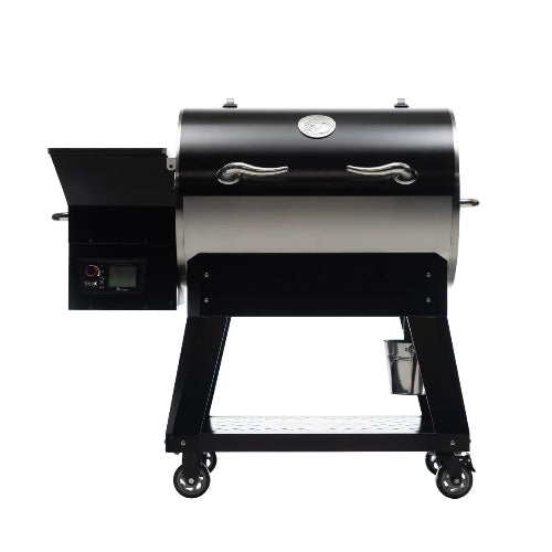 A black Recteq Deck Boss 590 grill with side shelves and a temperature control knob on the top, set against a white background.