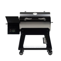 A black Recteq Deck Boss 590 grill with side shelves and a temperature control knob on the top, set against a white background.