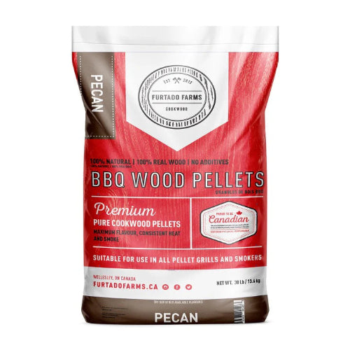 A bag of Furtado Farms Pecan BBQ wood pellets designed for smoking and grilling, with branding and product information displayed on the front.