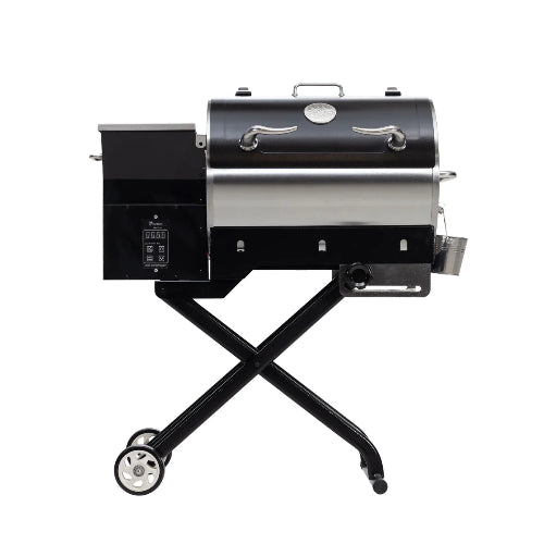 A black recteq Road Warrior 340 wood pellet grill on wheels, featuring a portable design with an open lid and side shelves.