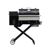 A black recteq Road Warrior 340 wood pellet grill on wheels, featuring a portable design with an open lid and side shelves.