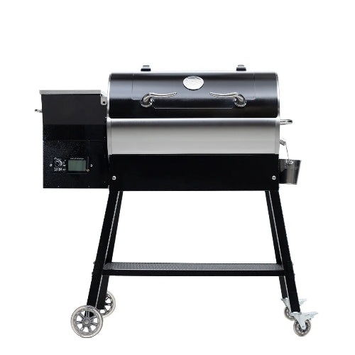 A black rectangular-shaped recteq grill on a stand with wheels, featuring a digital control panel, side shelves, and a classic stainless steel finish.