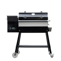 A black rectangular-shaped recteq grill on a stand with wheels, featuring a digital control panel, side shelves, and a classic stainless steel finish.