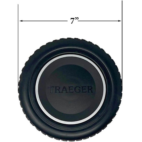 A black replacement wheel for Traeger grill with the brand name visible in the center.
