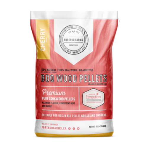 A bag of Furtado Farms Cherry BBQ Wood Pellets, which are used for grilling and smoking meats. The bag is predominantly red with white and yellow accents, and it states that the pellets are 100% natural, made in Canada, and suitable for all pellet grills and smokers.