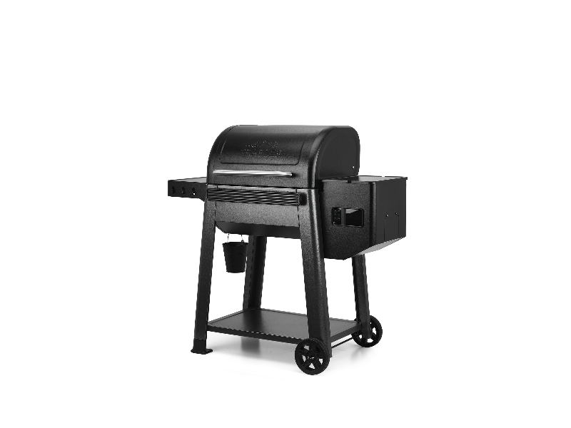 A black pellet grill with a side table and a fuel hopper on wheels, shown from a three-quarter angle on a solid white background.