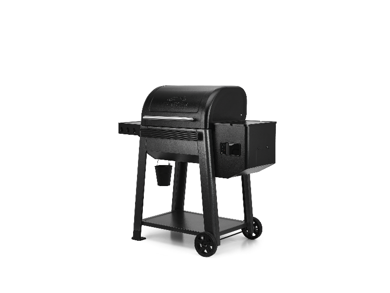 A black pellet grill with a side burner and wheels, shown from a three-quarter angle on a solid white background.
