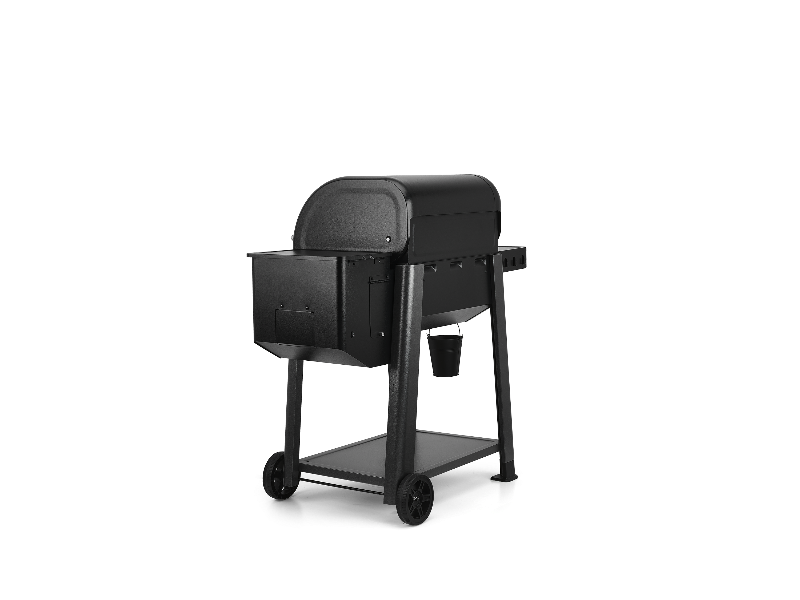 A black outdoor pellet grill with a wheeled cart stand, shown from a three-quarter angle on a solid white background.