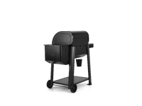 A black outdoor pellet grill with a wheeled cart stand, shown from a three-quarter angle on a solid white background.